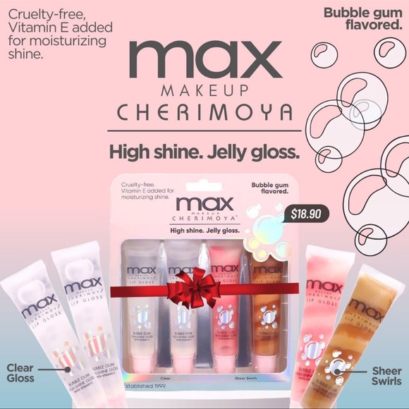 Max Makeup Cherimoya Bubble Gum Lip Gloss Set – High Shine Jelly Gloss (4 Pack) - Picture 1 of 2